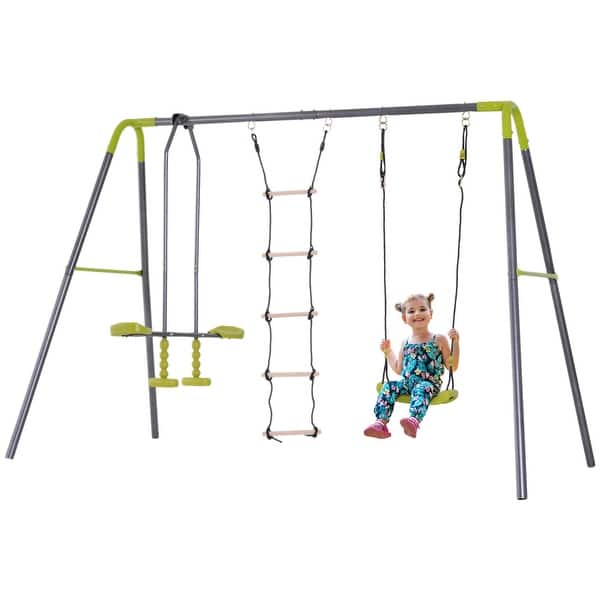 slide 2 of 9, HOMCOM 3-in-1 Outdoor Swing Set with 2-Person Swing, Single-Kid Swing, and Climbing Ladder Kids - Grey