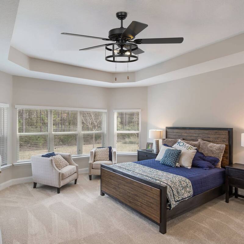 52" Industrial Black 5 Blades Caged Ceiling Fan with Light and Pull Chain