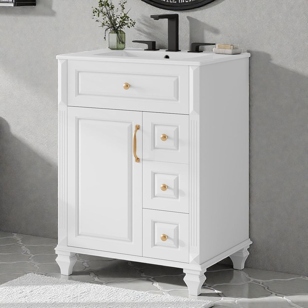 24 Inch Bathroom Vanity with Ceramic Sink, White Freestanding Vanity Cabinet with Flip-Out Drawer and Storage