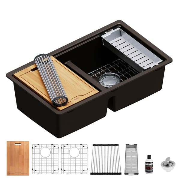 slide 2 of 16, Karran QUWS-880 Undermount 32-1/2 in. Double Equal 50/50 Bowl Workstation Kitchen Sink Brown