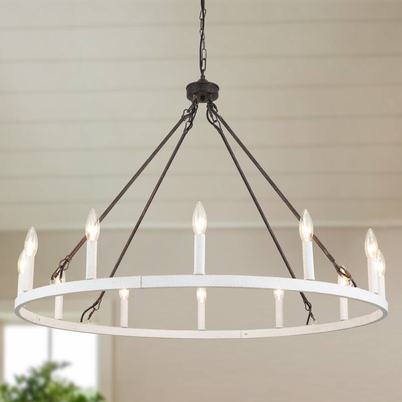 12-Light 37.99 in. Rustic Wagon Wheel Chandelier for Bedroom Kitchen - Antique Brown+Retro White