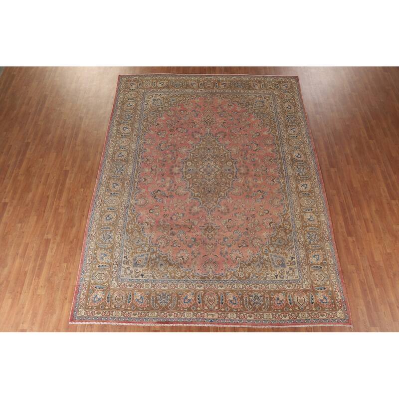 Hand Knotted Oriental 100% Wool Carpet Traditional Floral Pink Mashad Area Rug - 12' 10'' X 9' 7''