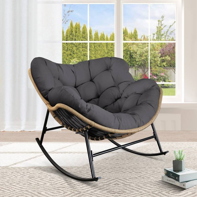 FINCATI Outdoor Royal Rocking Papasan Chair, Luxury Cozy Outdoor Rocking Chair, 450 lbs Indoor Extra Large Recliner Chair