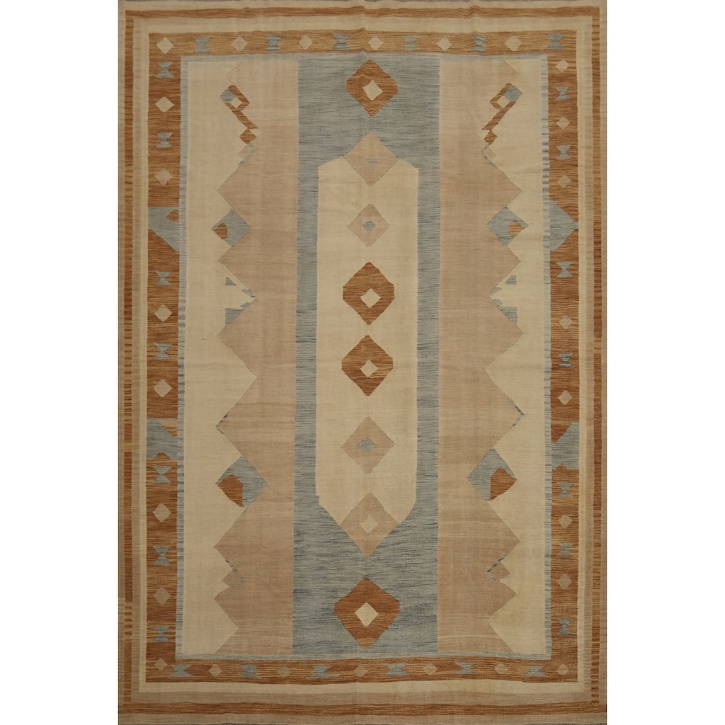 Hand Woven Oriental 100% Wool Carpet Southwestern Tribal Beige & Ivories Kilim Area Rug - 12' 9'' X 9' 8''