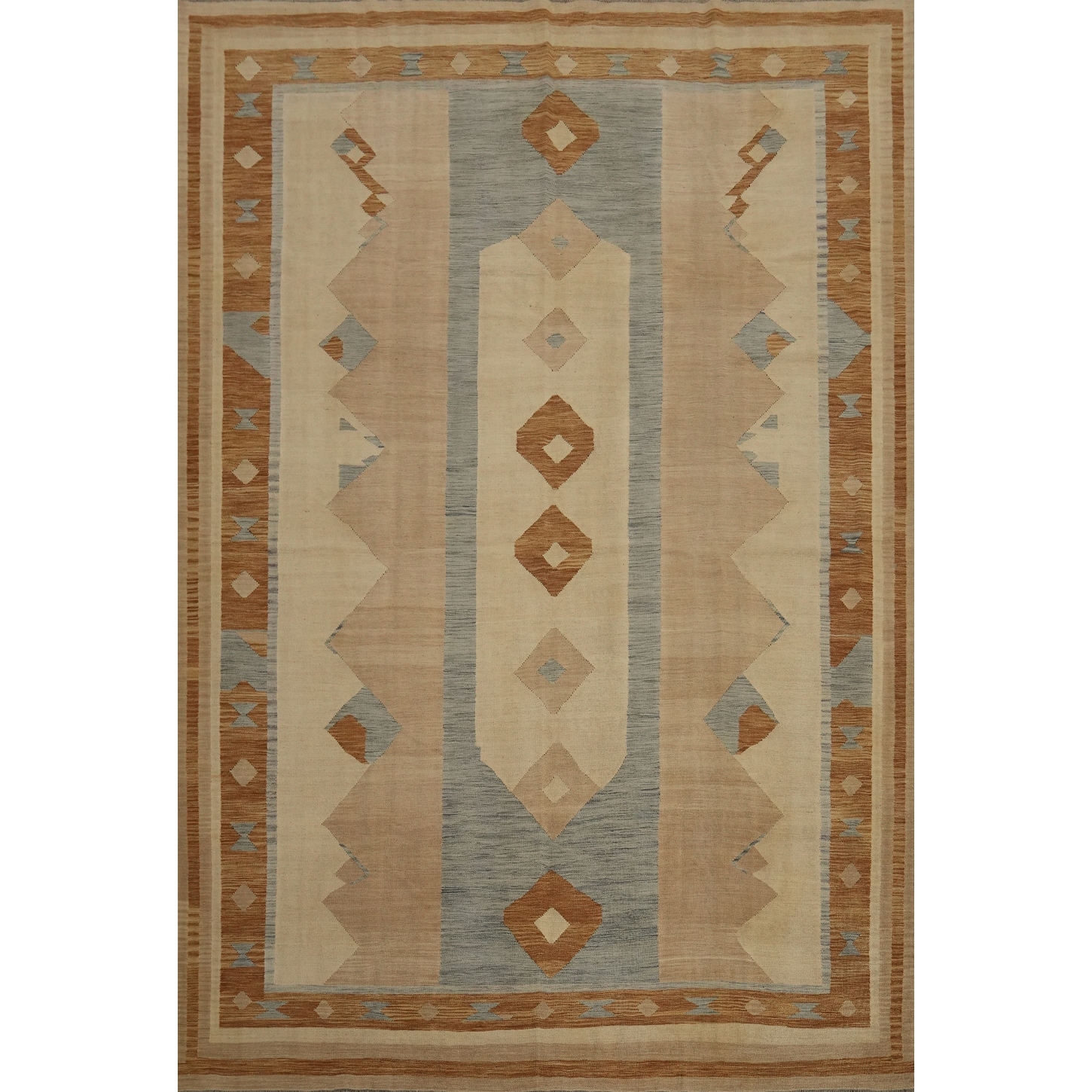 Hand Woven Oriental 100% Wool Carpet Southwestern Tribal Beige & Ivories Kilim Area Rug - 12' 9'' X 9' 8''