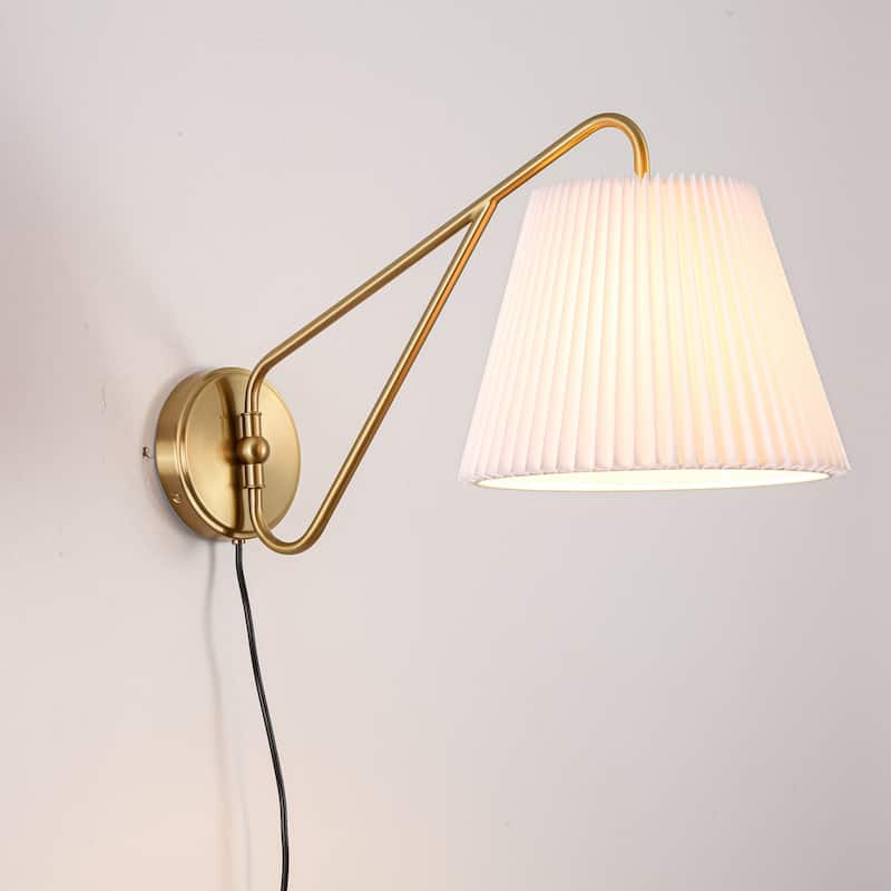 1-Light Mid-Century Modern Pleated Fabric Shade Gold Iron Plug-In Wall Sconce for Bedroom - 12 in. W x 24.2 in. D x 12.9 in. H - 12 in. W x 24.2 in. D x 12.9 in. H - Gold/White
