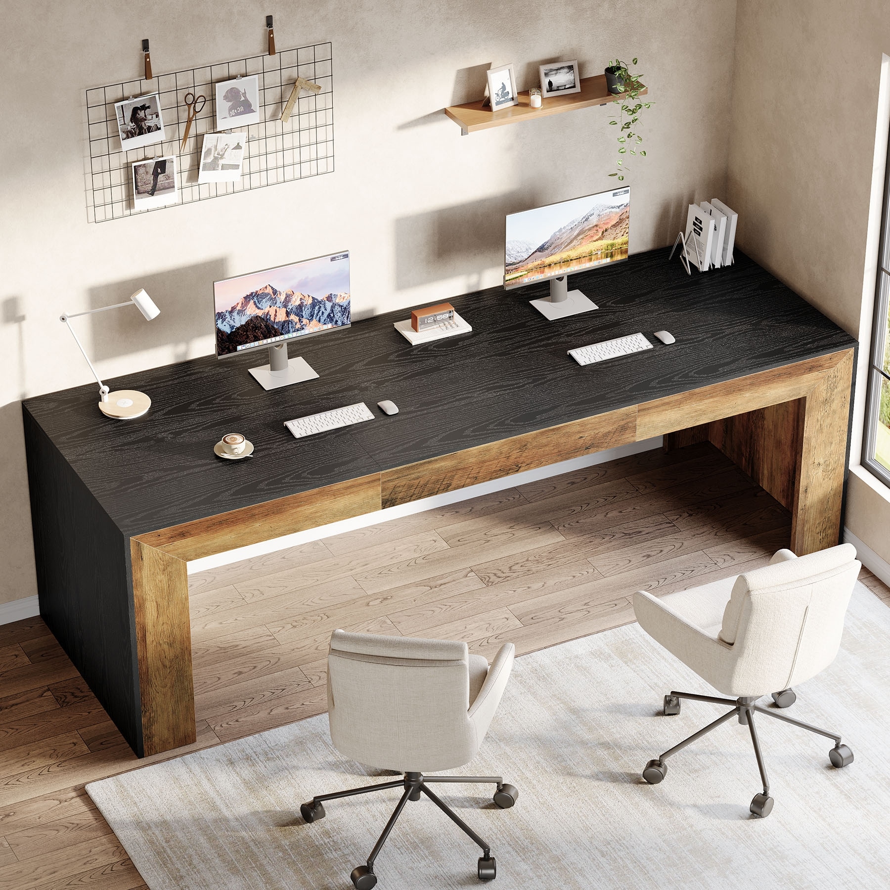 Wood Executive Desk Workstation, 78.7" Computer Desk, Home Office Writing Gaming Table Accent Desk