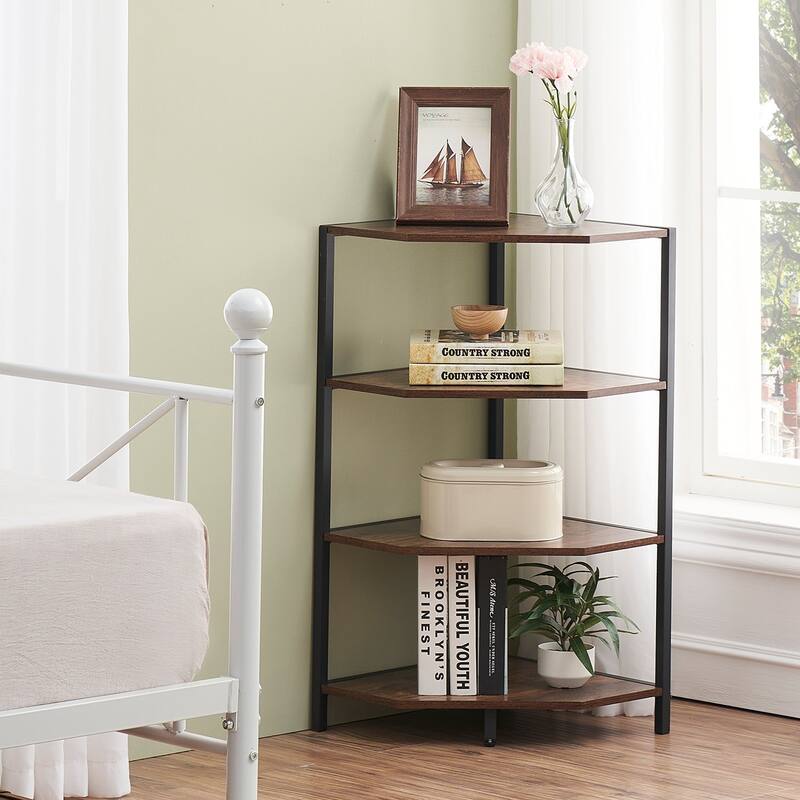 VECELO 4-Tier Triangle Corner Bookshelf & End Table 31" Multi-Functional Living Room Storage shelf - Brown