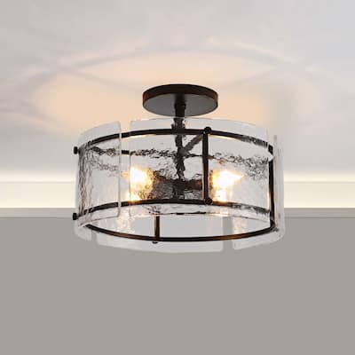 Laia Black 4-Light Water Textured Glass Drum Flush Mount - 16 inches in diameter x 11 inches H