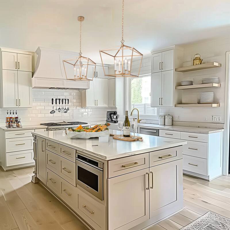 Modern Glam Gold 4-Light Geometric Lantern Cage Chandelier for Foyer - L17.5"*W17.5"*H20"