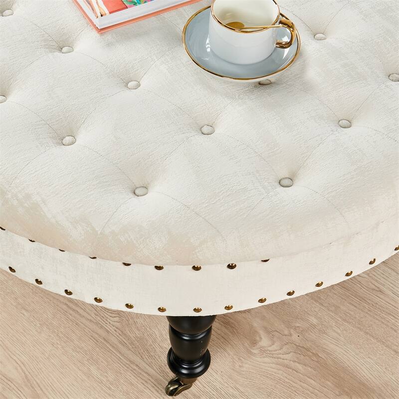 Round Velvet Tufted Coffee Table Ottoman, 34" x 34" x 17" H