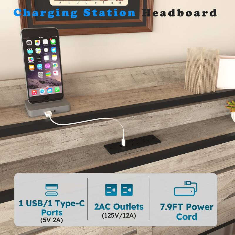 Farmhouse Platform Bed Frame with Charging Station, Noise-free Metal Bed Frame with 12 Storage Drawers & LED Headboard