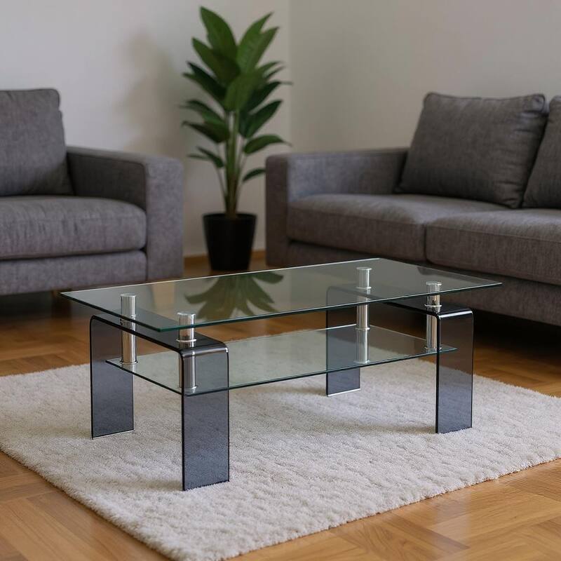 HomeRoots 39" Clear and Black Glass Coffee Table With Shelf - 39.30 in. x 17.70 in. x 21.60 in. - Clear