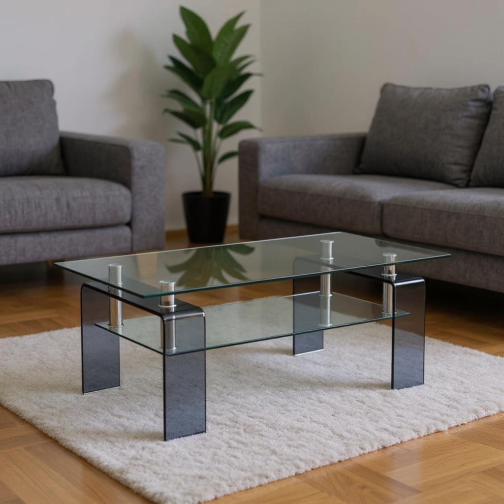 HomeRoots 39" Clear and Black Glass Coffee Table With Shelf - 39.30 in. x 17.70 in. x 21.60 in.