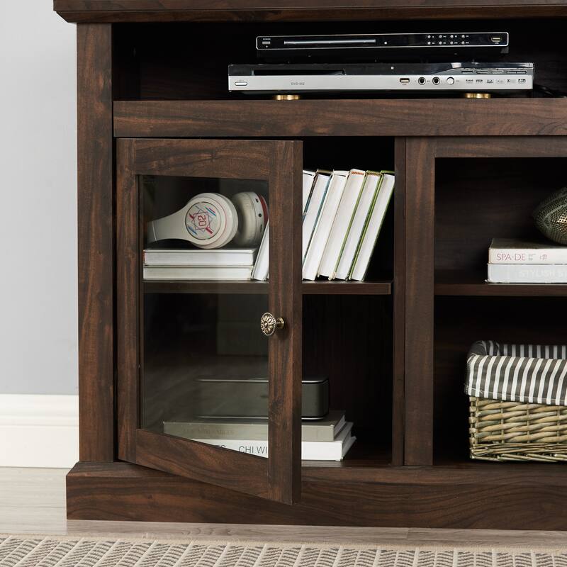 Modern TV Stand Media Stand Modern Entertainment Console for TV Up to 65" with Glass Door Open and Closed Storage Space