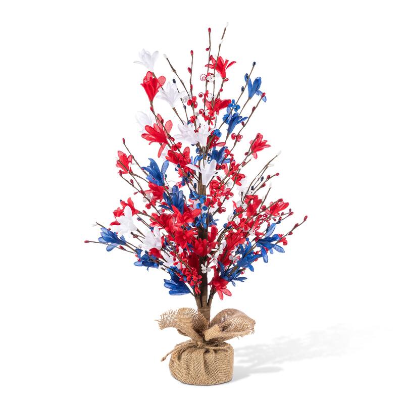 Glitzhome 21"H Patriotic/ Americana Red White Blue Floral Table Tree