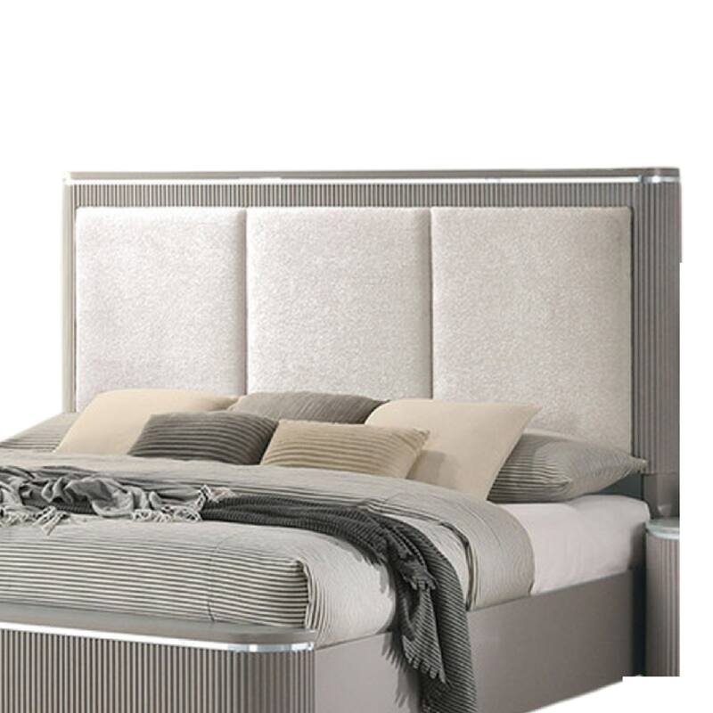 Gema Queen Bed, Channeled Upholstery, Reeded w Silver Line, Light Gray
