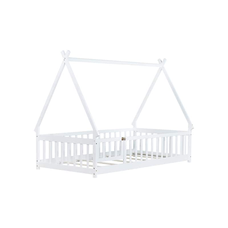 Roomfitters Twin/Full Tent-Shaped Floor Bed with Teepee Frame, Rubber Wood Platform with Guardrails, Slats and Door