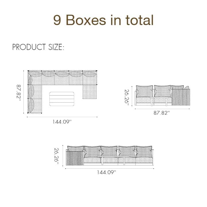 PURPLE LEAF Santorini 9 Piece Khaki Patio Sectional Sofa Set with Ottoman Cushions Poolside Garden Outdoor Conversation Sets