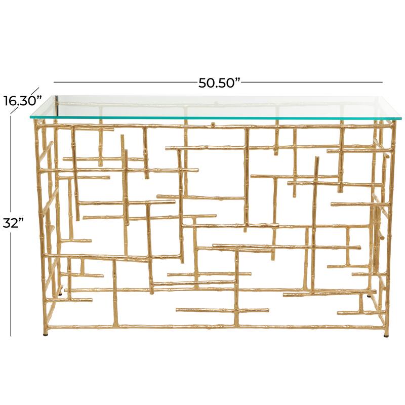 Gold Aluminum Metal Grid Style Frame Geometric Console Table with Clear Glass Top