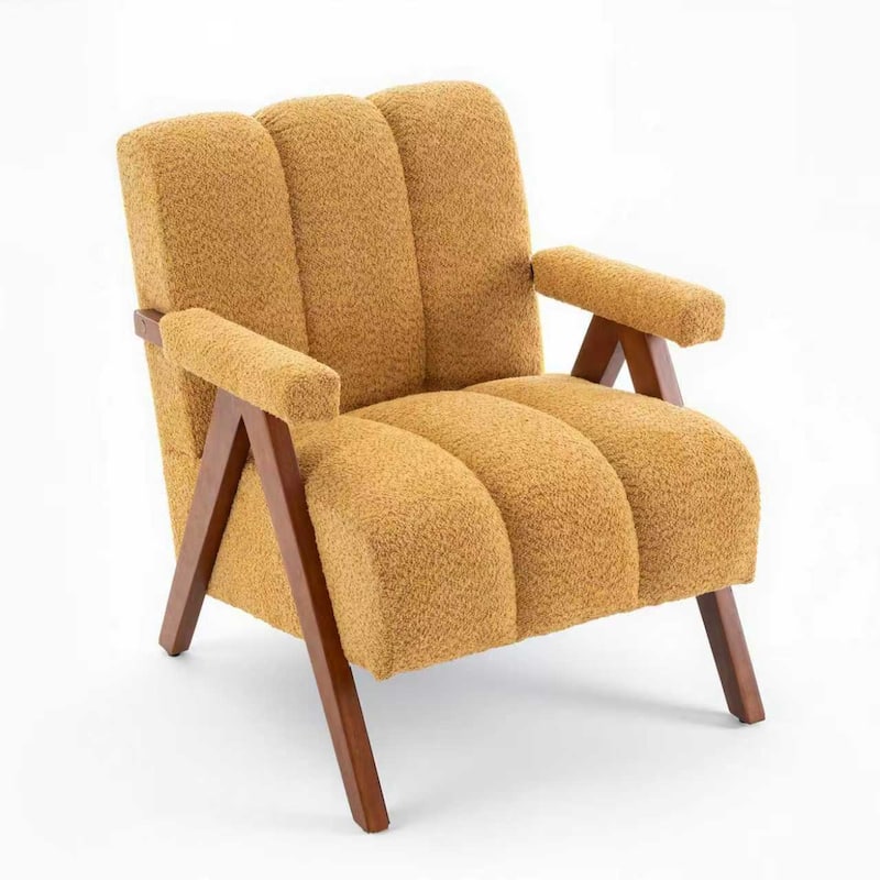 Mid Century Modern Accent Chair, Chenille Armchair with Solid Wood Legs, Channel Tufted Comfy Reading Chair for Living Room