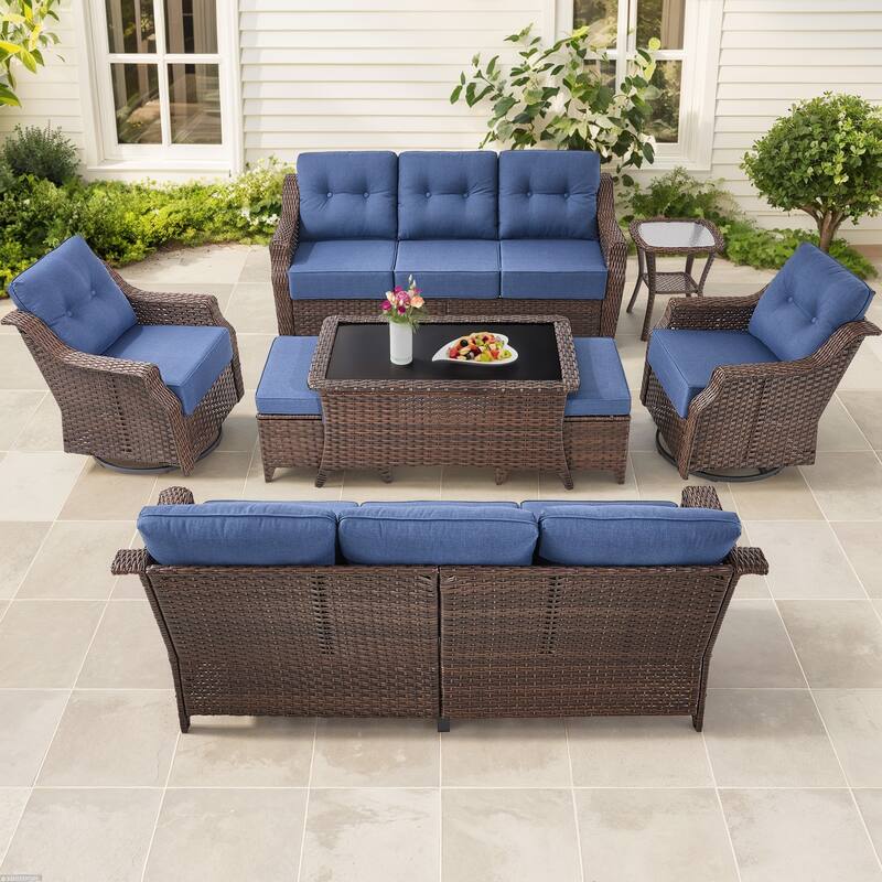 Gymojoy 9-Piece Wicker Patio Furniture Set, 6-inch Thick Cushioned & UV-Resistant, Outdoor Sofa & Chiar Set for Garden - Brown Wicker / Blue Cusion - 7-Piece
