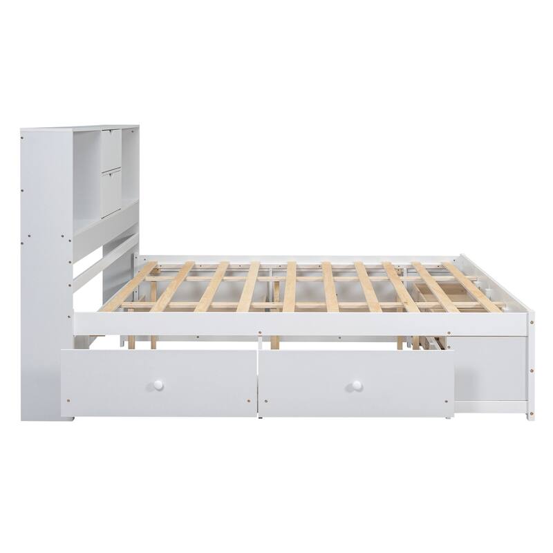 Queen Size Platform Bed with Storage Headboard and 8 Drawers