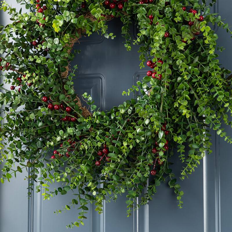 Glitzhome 9ft/6ft Christmas Greenery PE Dripping Eucalyptus Garland & 28"D Wreath with Red Berries