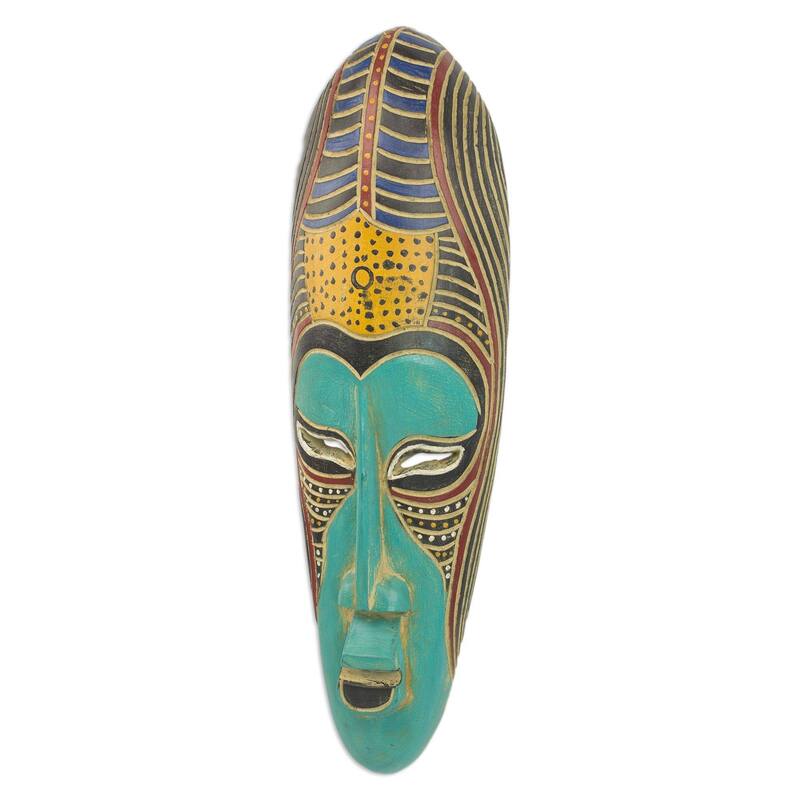 Handmade Blue Akoni African Wood Mask (Ghana) - 19" H x 6" W x 2.8" D