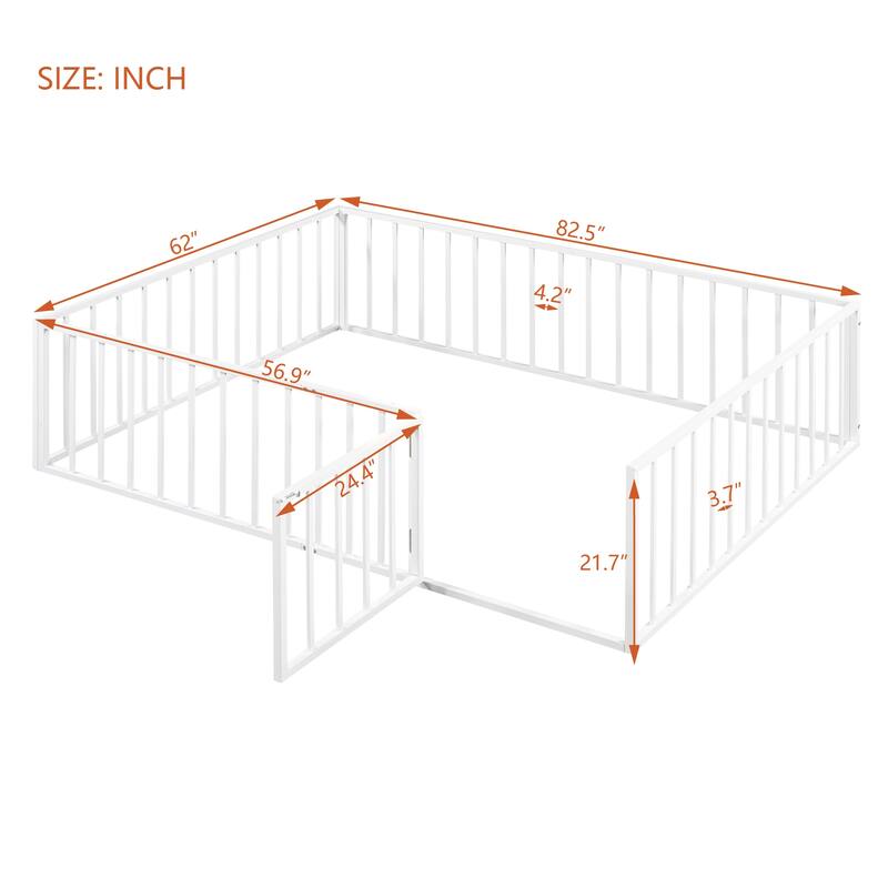 White Queen Size Metal Floor Bed Frame with Fence and Door for Kids