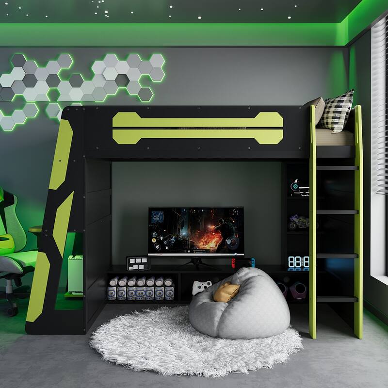 Esports Twin Loft Bed with Desk, Multi-storage Shelves and Light Strip