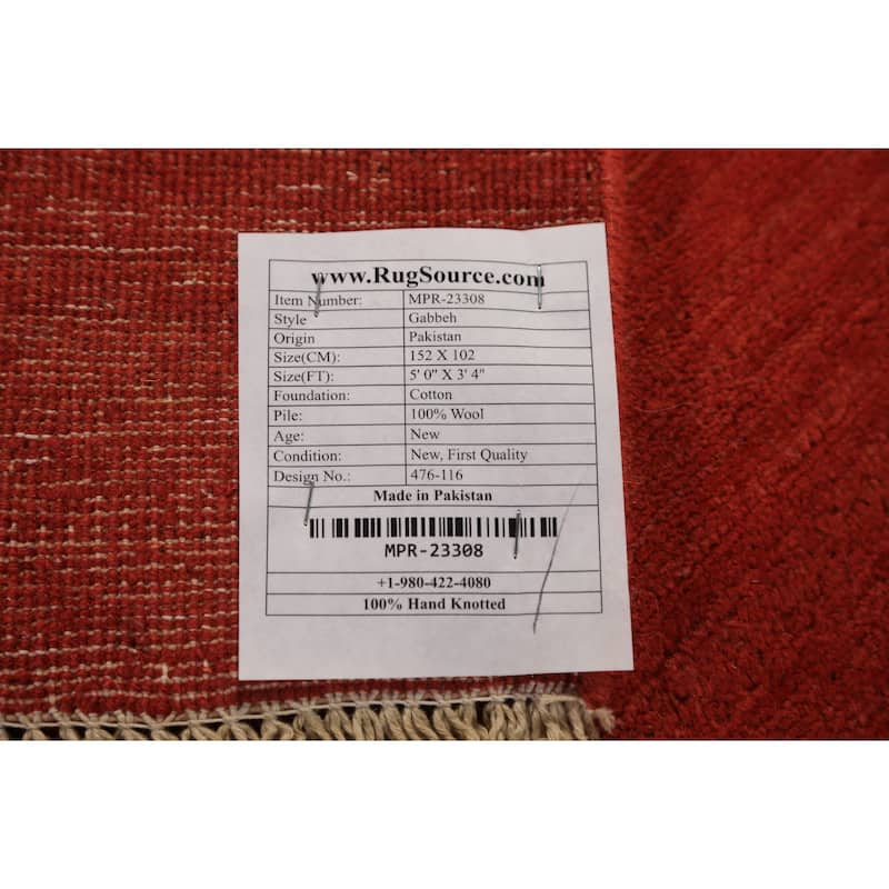 Gabbeh Modern Rug Hand-Knotted Red Solid Wool Carpet - 3'4" x 5'0"