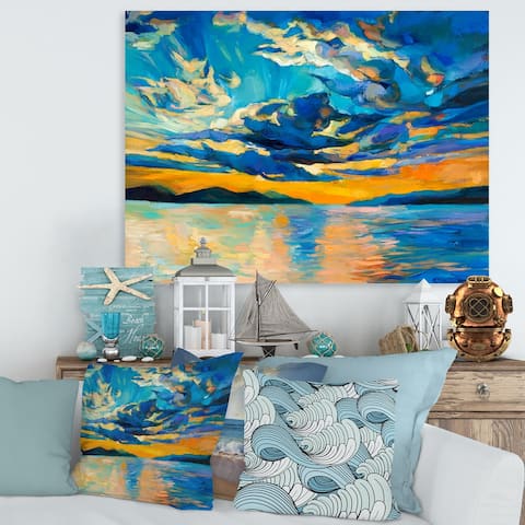 Designart "Cloudy Wide Open Sunset Over Ocean Horizon" Nautical & Coastal Canvas Wall Art Print