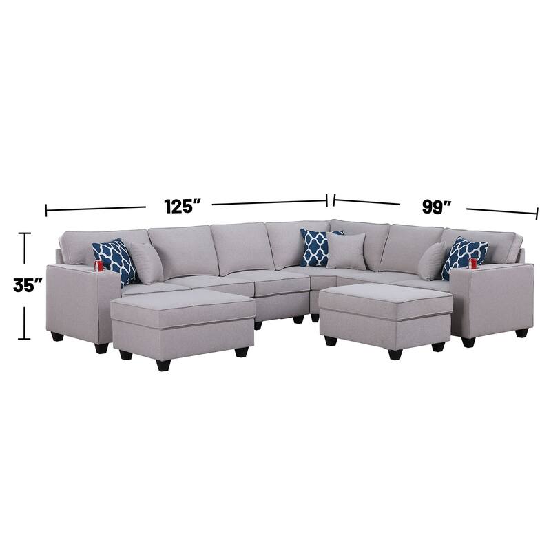 8 Piece L-Shape Sectional Sofa with 2 Ottomans in Light Gray