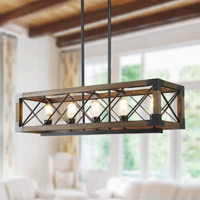 Farmhouse 5-Light Rectangle Wood Chandelier Rustic Island Lights for Dining Kitchen Island