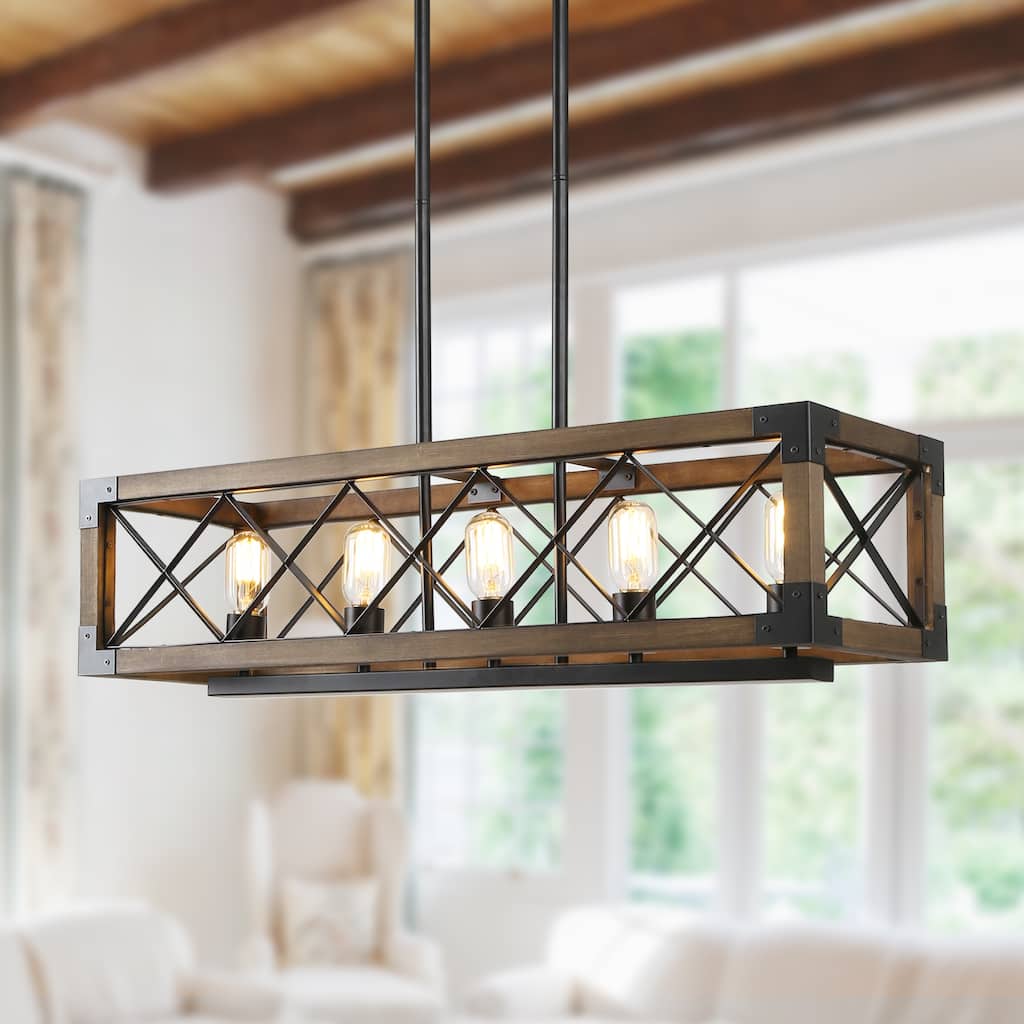 Farmhouse 5-Light Rectangle Wood Chandelier Rustic Island Lights for Dining Kitchen Island