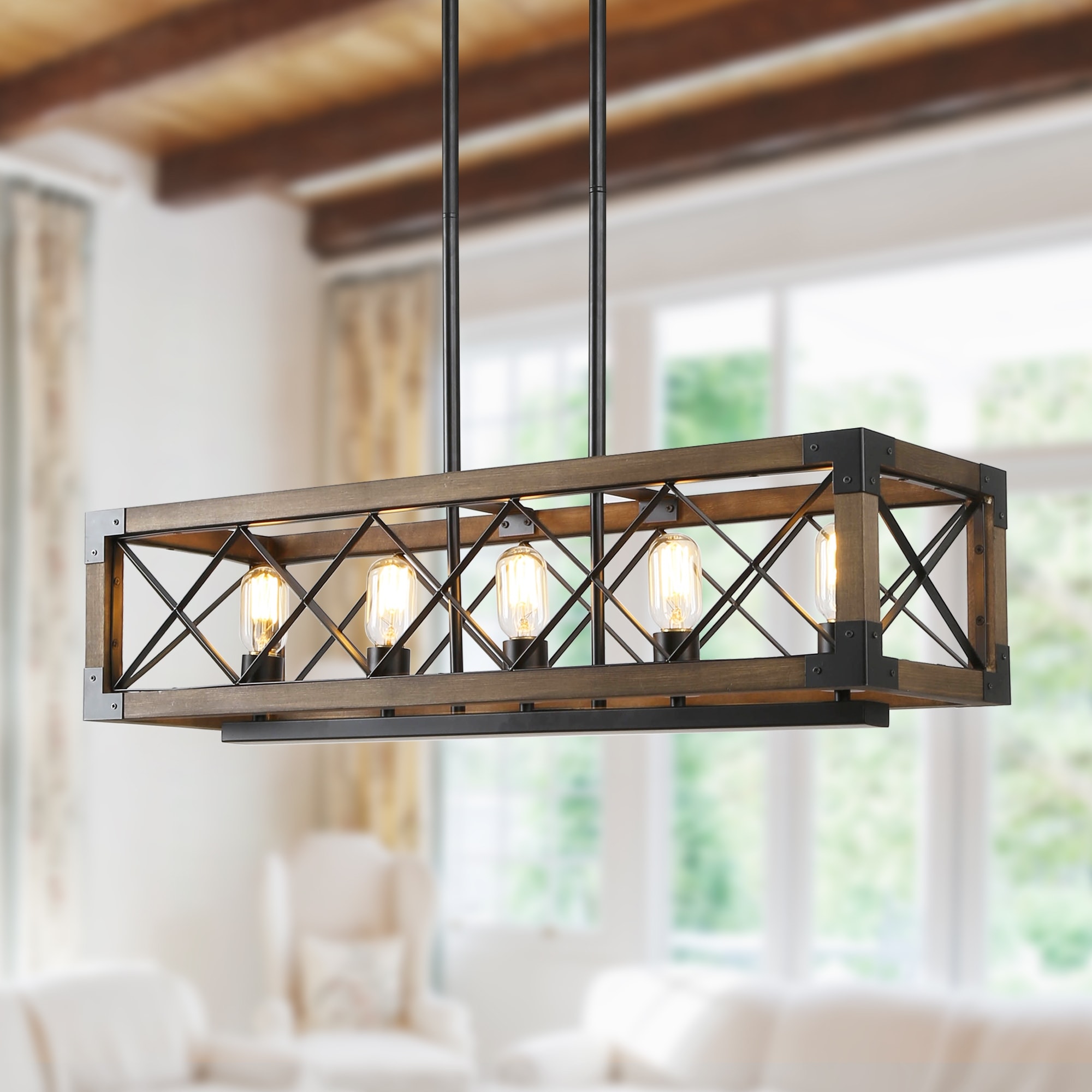 LALUZ Farmhouse 5-Light Rectangle Wood Chandelier Rustic Island Lights for Dining Kitchen Island