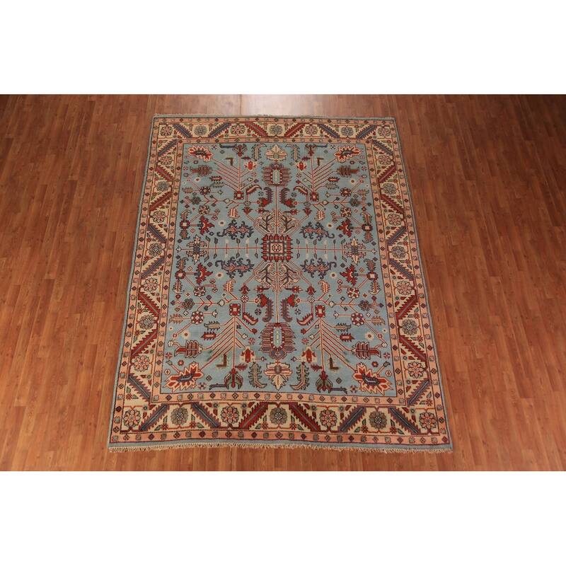 Light Blue Geometric Kazak Indian Area Rug Hand-Knotted Wool Carpet - 8'0"x 10'1"