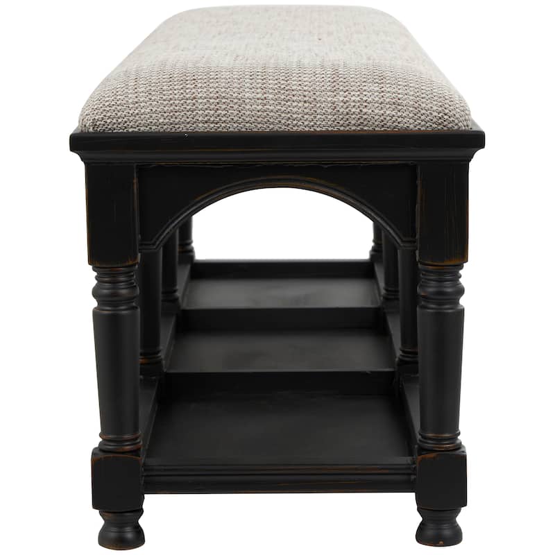 Black Fabric Arched Storage Bench with Traditional Turned Legs and Beige Cushion