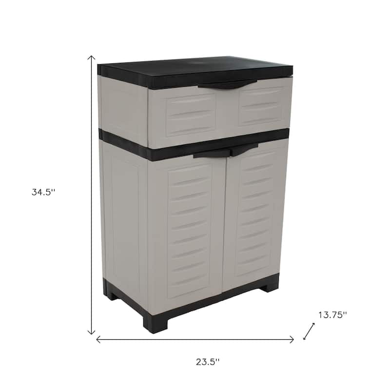 HomeRoots 35" Gray Heavy Duty Plastic Two Door One Drawer Utility Cabinet - 23.50 in. x 34.50 in. x 13.75 in.