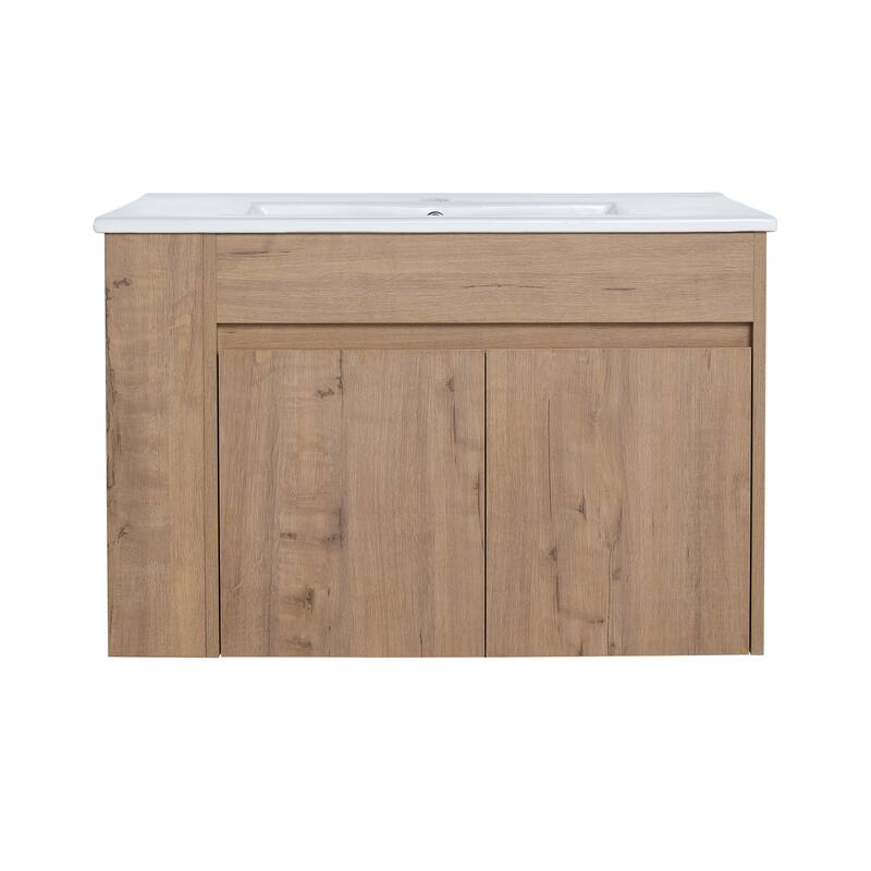 Compact Wall-Mounted Bathroom Vanity with Adjustable Open Shelf, 45° Inclined Handle Design - 29.13in L Plywood