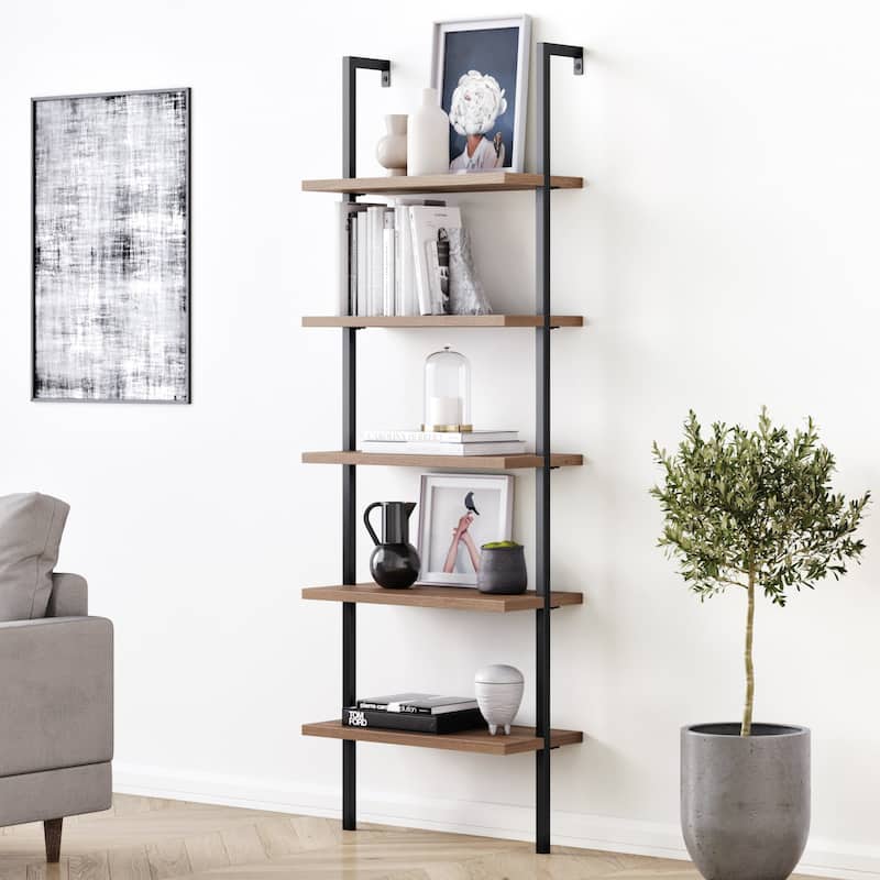Nathan James Theo 5-Shelf Ladder Bookcase Wood with Metal Frame - Oak