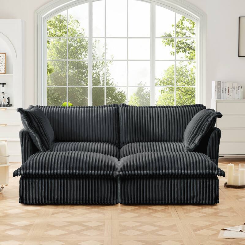 Slipcovered Corduroy 2-Seater Sofa with 2 Ottomans - Grey