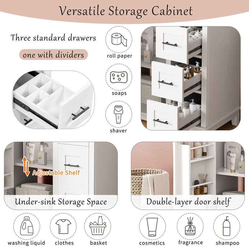 30" Modern Bathroom Vanity with Ceramic Sink - Rubberwood Frame, MDF Panels, 1 Door & 3 Drawers, Double Storage Racks