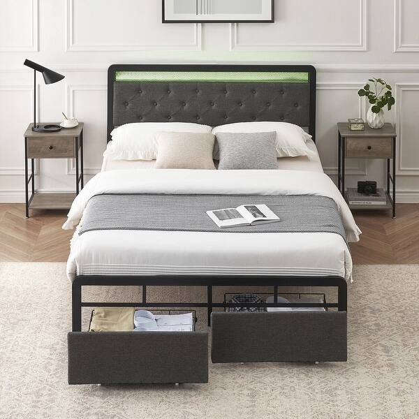 Queen SIze LED Upholstered Bed Frame with 2 Storage Drawers Gray - Bed ...