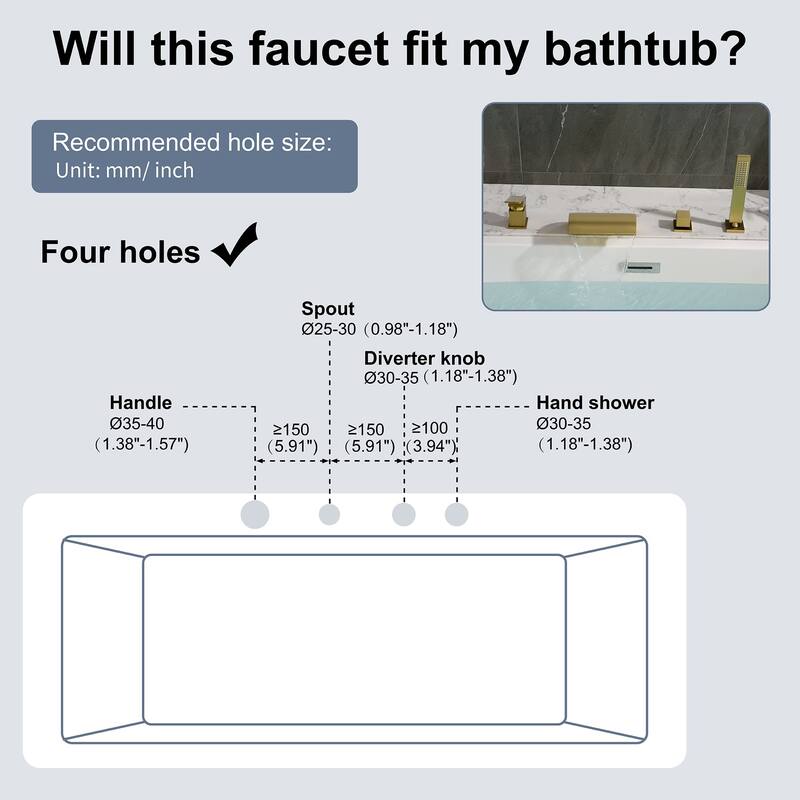 Deck Mounted Four Holes Tub Faucet Waterfall Modern Bath Tub Faucet with Handheld Shower Tub Fillers with Pressure Balance Valve