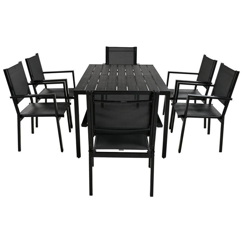 7 Pcs Outdoor Steel Dining Table and Chair Set, All Weather Patio Furniture Set with Rectangular Table and 6 Dining Chair