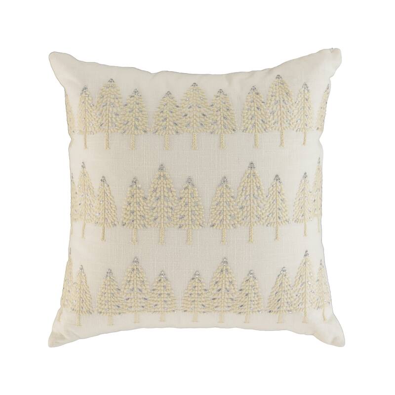 18" Ivory And Silver Cotton Christmas Trees Throw Pillow With Embroidery