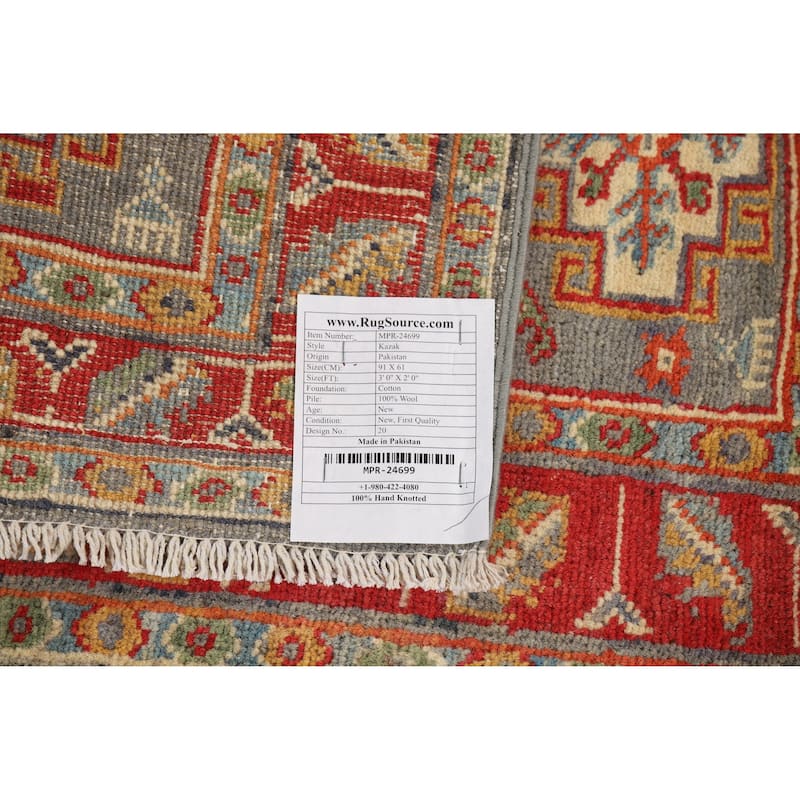 Traditional Kazak Rug Handmade Oriental Grey Wool Carpet - 2'0"x 3'0"