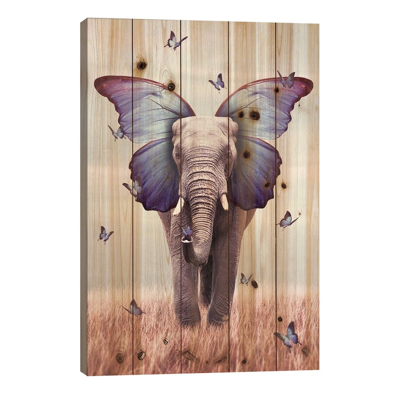 Elephant Blue Morpho Lenity Mint Print On Wood by Soaring Anchor Designs - Multi-Color - 26x18x1.5